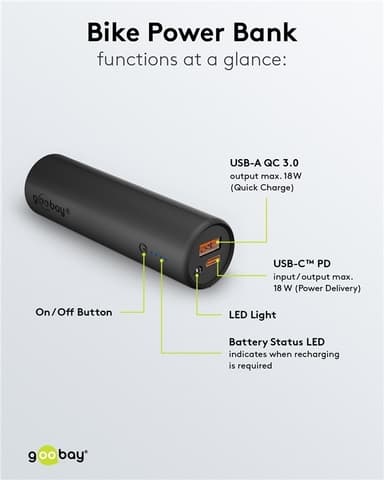 Goobay Bike powerbank 5.0 (5 000 mAh) liten, tunn och praktisk powerbank med en kapacitet på 5.000 mAh för montering på cykeln