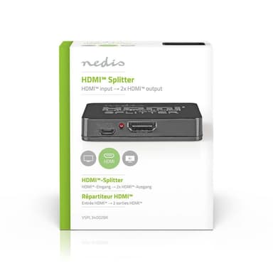Nedis HDMI ™ Splitter | 2-Port port(s) | HDMI™ ingång | 2x HDMI™ utgång | 4K@30Hz | 2.25 Gbps | ABS / PVC | Svart