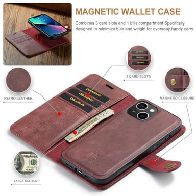 DG MING iPhone 14 2-i-1 Magnet Plånboksfodral - Röd