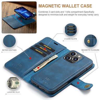 DG MING iPhone 14 Pro 2-i-1 Magnet Plånboksfodral - Blå