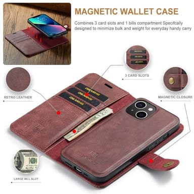 DG MING iPhone 14 Plus 2-i-1 Magnet Plånboksfodral - Röd
