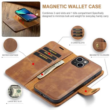 DG MING iPhone 15 2-i-1 Magnet Plånboksfodral - Brun