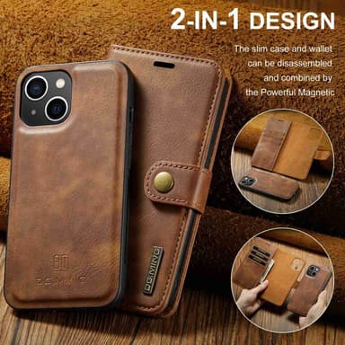 DG MING iPhone 15 2-i-1 Magnet Plånboksfodral - Brun