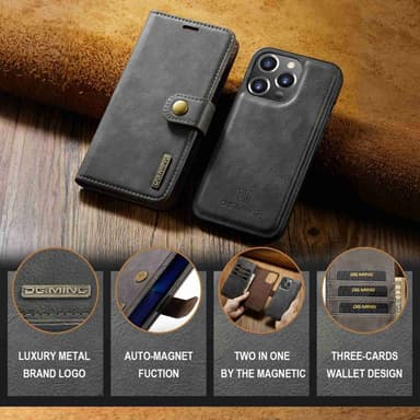 DG MING iPhone 15 Pro 2-i-1 Magnet Plånboksfodral - Grå