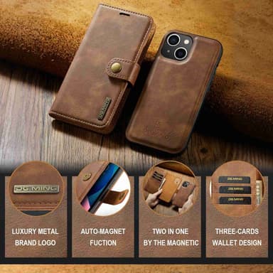 DG MING iPhone 15 2-i-1 Magnet Plånboksfodral - Brun