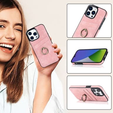 SKALO iPhone 14 Pro Max PU-Läder Korthållare Ring - Rosa