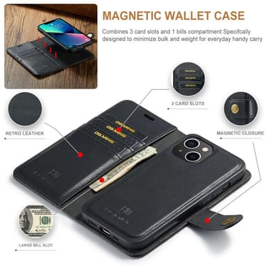 DG MING iPhone 14 2-i-1 Magnet Plånboksfodral - Svart
