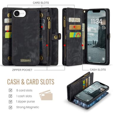 CaseMe iPhone 16e 008 BIg Wallet 2in1 Magnet Plånboksfodral - Svart