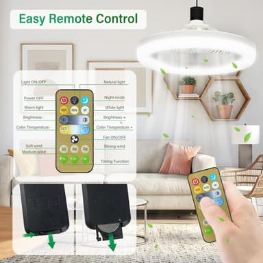 TakFläkt E27 Roterbar mini Fläkt Lampa med fjärrkontroll