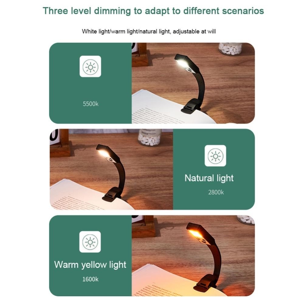 Clip-On Book Light Tre Bok-Lampa Ljusstyrka Justerbar läslampa
