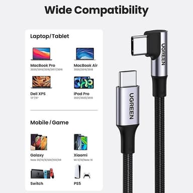 UGREEN 2m 100W snabbladdning sladd kabel USB-C datakabel böjd