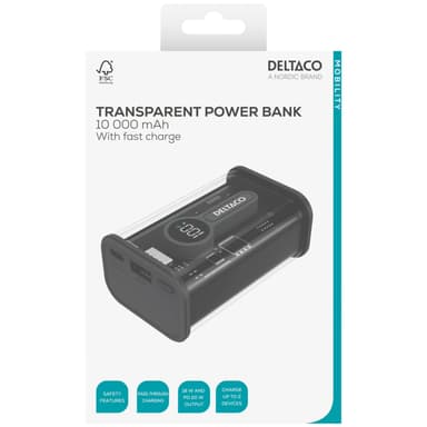 Deltaco Transparent powerbank med snabbladdning 10 000 mAh
