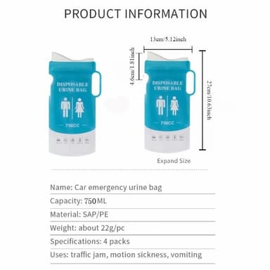 4 st 750ml bil kissnödig nöd urinpåse Engångs Camping Stockning