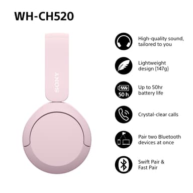 Sony WH-CH520 trådlösa on-ear hörlurar (rosa)