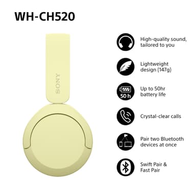 Sony WH-CH520 trådlösa on-ear hörlurar (gul)