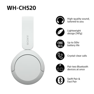 Sony WH-CH520 trådlösa on-ear hörlurar (vit)