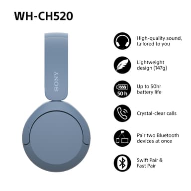Sony WH-CH520 trådlösa on-ear hörlurar (blå)
