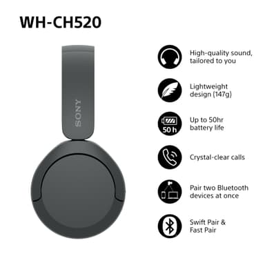 Sony WH-CH520 trådlösa on-ear hörlurar (svart)