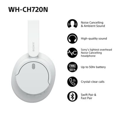 Sony WH-CH720N trådlösa on-ear hörlurar (vit)
