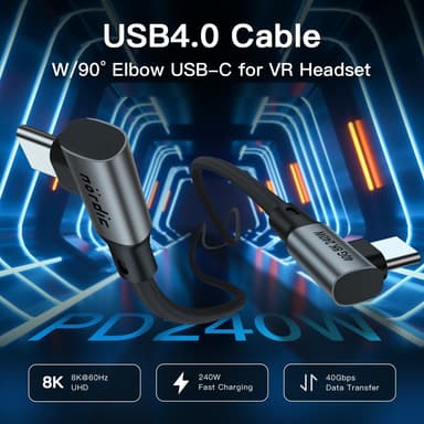 NÖRDIC vinklad 25cm USB4 USB-C till C nylonflätad kabel PD3.1 240W 40G 8K60Hz 4K144Hz grå