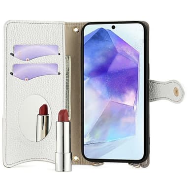 SKALO Samsung A26 5G Litchi Makeup Mirror Chain Plånboksfodral - Vit