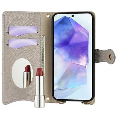 SKALO Samsung A26 5G Litchi Makeup Mirror Chain Plånboksfodral - Grå