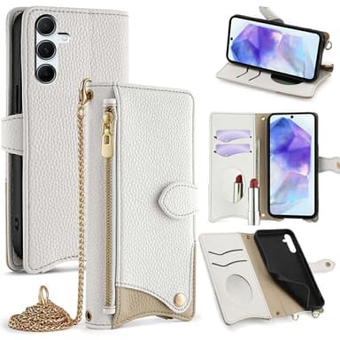 SKALO Samsung A36 5G Litchi Makeup Mirror Chain Plånboksfodral - Vit