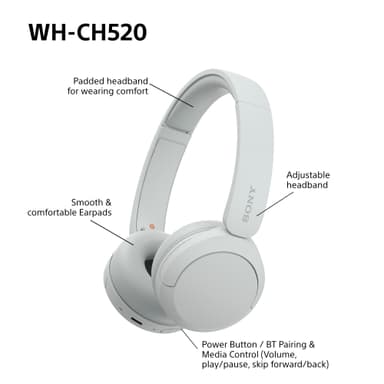 Sony WH-CH520 trådlösa on-ear hörlurar (vit)