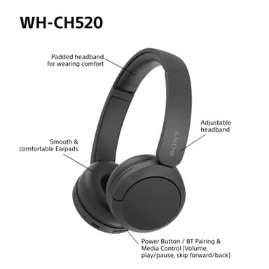 Sony WH-CH520 trådlösa on-ear hörlurar (svart)