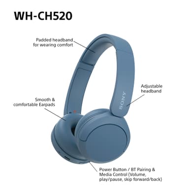 Sony WH-CH520 trådlösa on-ear hörlurar (blå)