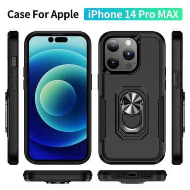 iPhone 14 Pro Max Hybrid skal med Finger Ring & Metall Plåt - Svart