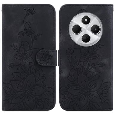 För Xiaomi Redmi 14C Fodral Ställ Plånboksfodral Blommönster - Svart