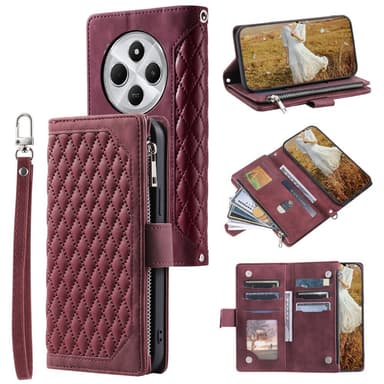 För Xiaomi Redmi 14C Zipper Wallet Case Rhombus Stitching Line Telefonfodral
