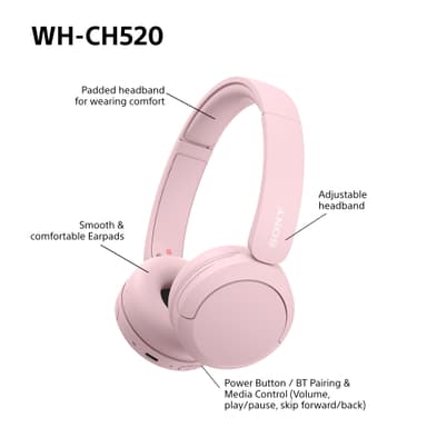 Sony WH-CH520 trådlösa on-ear hörlurar (rosa)
