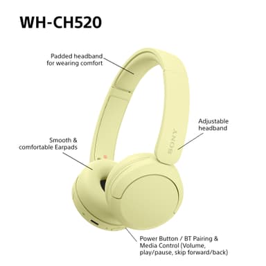 Sony WH-CH520 trådlösa on-ear hörlurar (gul)
