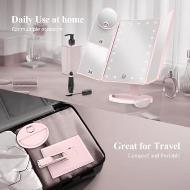 3-sidig hopfällbar sminkspegel Dimbar ljus 22LED Bordsspegel spegel - Rosa