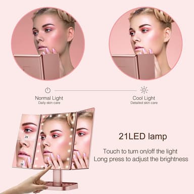 3-sidig hopfällbar sminkspegel Dimbar ljus 22LED Bordsspegel spegel - Rosa