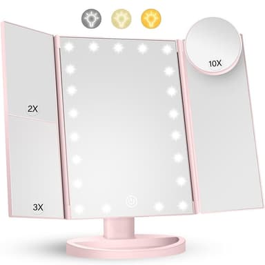 3-sidig hopfällbar sminkspegel Dimbar ljus 22LED Bordsspegel spegel - Rosa