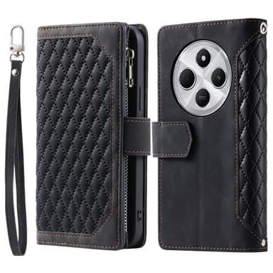 För Xiaomi Redmi 14C Zipper Wallet Case Rhombus Stitching Line Telefonfodral