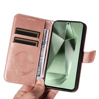 För Samsung Galaxy S24 FE Fodral Ställ Plånboksfodral Fjärilsmönster - RoseGold