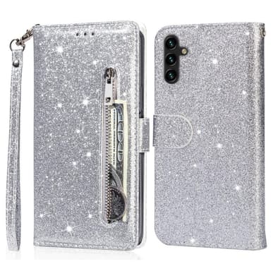 För Samsung Galaxy A56 5G Ställbart Glitterfodral med Dragkedjeficka - Silver