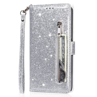 För Samsung Galaxy A56 5G Ställbart Glitterfodral med Dragkedjeficka - Silver