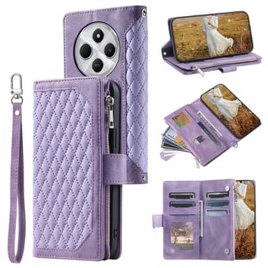 För Xiaomi Redmi 14C Zipper Wallet Case Rhombus Stitching Line Telefonfodral