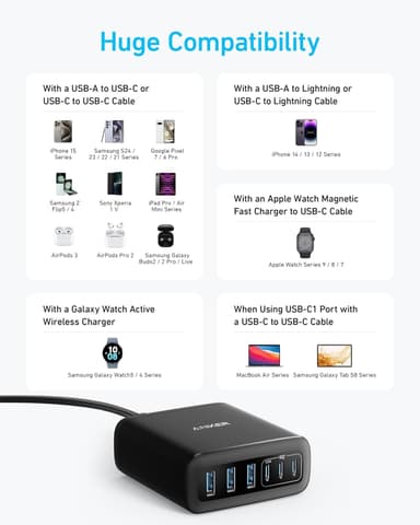 Anker USB-C och USB-A-laddare, 112W Max 6-portars laddningsstation