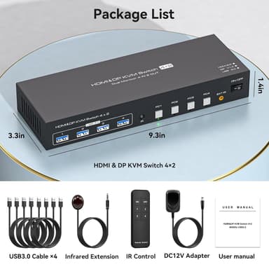 NÖRDIC KVM 4x2 Switch 4PC till Dual Monitor HDMI & DP 8K60Hz med 1x3.5mm och 4xUSB-A