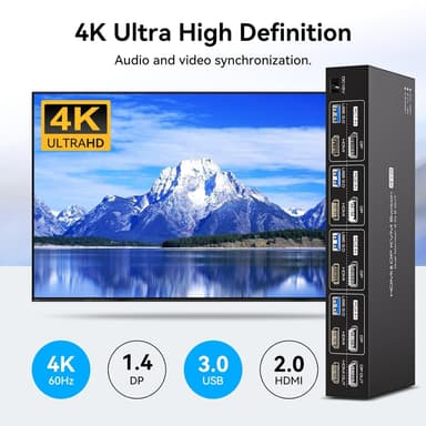 NÖRDIC KVM 4x2 Switch 4PC till Dual Monitor HDMI & DP 8K60Hz med 1x3.5mm och 4xUSB-A