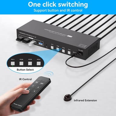 NÖRDIC KVM 4x2 Switch 4PC till Dual Monitor HDMI & DP 8K60Hz med 1x3.5mm och 4xUSB-A