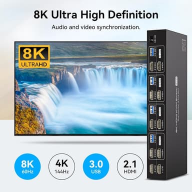 NÖRDIC KVM 4x2 HDMI Switch 4PC till Dual Monitor HDMI 8K60Hz med 1x3.5mm och 4xUSB-A