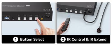 NÖRDIC KVM 4x2 Switch 4PC till Dual Monitor HDMI & DP 8K60Hz med 1x3.5mm och 4xUSB-A