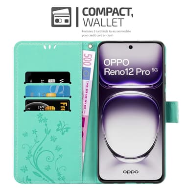 Oppo Reno 12 Pro Plånboksfodral Skal Blommor (Turkos)